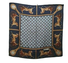 Celine Silk Scarf Foulard Equestrian Authentic Dark Blue 100% Silk VGC