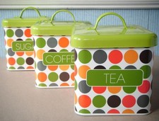 3 Tea/Coffee/Sugar Storage Tins/Canisters Multi-Colour Polka Dot, Green Lids VGC