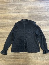 Zara women’s black pleated ruffle fringe puff sleeve shirt size 10