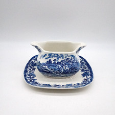 MYOTT Country Life Blue & White Fused Gravy Boat Double Sprout Transferware