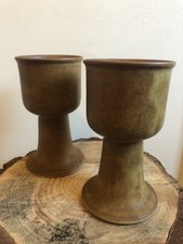 Pair Of Stoneware Pottery Goblets/Candlesticks Beige & Brown. 15.5cm Tall