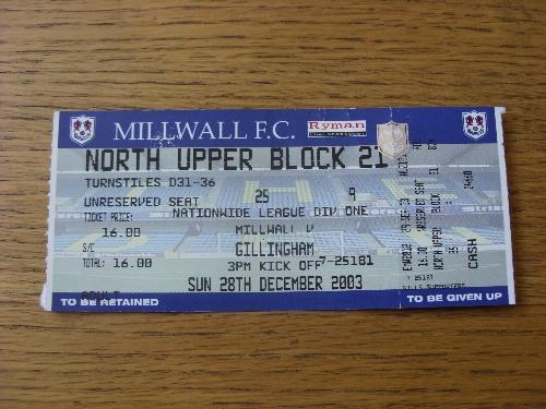 2003 ticket millwall v - 28/12/2003, ticket: