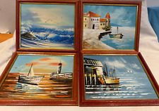 Set of 4 Oil Paintings of Ocean Fishing Boats Lighthouse Seagulls Seascape -