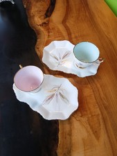 PAIR OF SUTHERLAND BONE CHINA GOLD WHEAT TEACUPS & SANDWICH PLATE SET RARE FIND