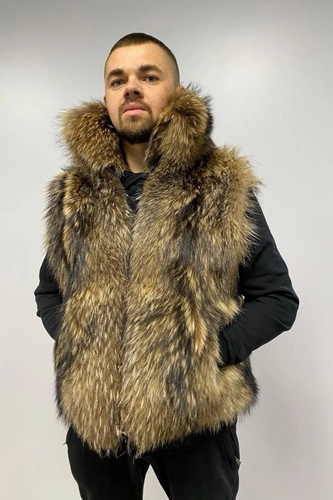 Men real raccoon fur vest - raccoon,