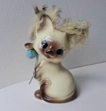 Vintage Kitsch Ceramic Siamese Cat Kitten Figurine With Blue Yarn & Fluffy Ears