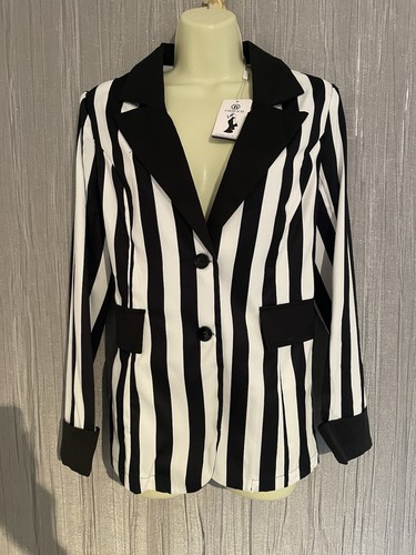 Black white striped blazer - black,