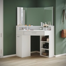 Corner Mirrored Dressing Table White Vanity Makeup Desk with Drawer & Shelves