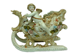 Beautiful Vintage German Bisque Porcelain  dish Cherub Angel Sleigh.