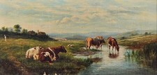 Cattle Watering Highland Landscape British School Ind Sgmd Oil Painting c1850/80