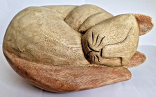 Large Wooden Carved Curled Sleeping Cat, Brown, Great Condition