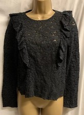 ZARA BLACK CROCHET LACE EMBROIDERED SIZE SMALL RUFFLE FRILLY BLOUSE AUTUMN TOP