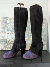 Audley Vintage knee high Boots Black suede, unique tear drop heel