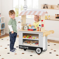 Food Cart Kids Wooden Play Trolley Pretend Shop Toy With Wheels 30 Accessories