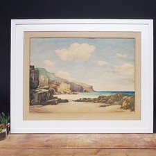 Large Seascape Print Framed Watercolour Painting Scottish Art Vintage Beach Used