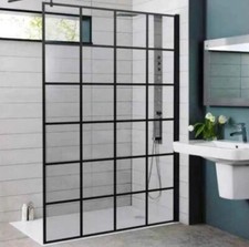 Krittal Black Grid Glass Walk In Shower Enclosure Wet Room Easyclean 8mm Screen 