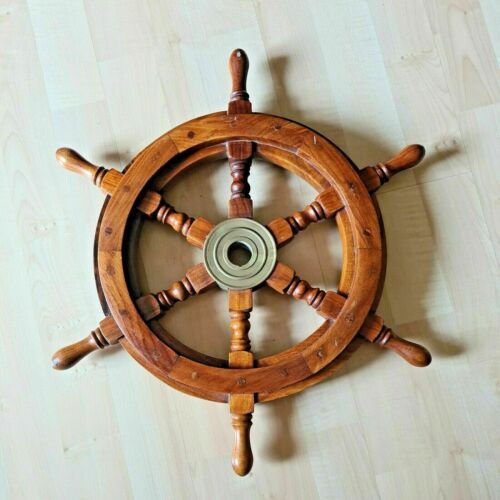 Vintage wood brass ship - wood, wheel
