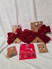Christmas Costume Jewellery Bundle & Red Glitter Hair Bows Earrings Pierced Ears