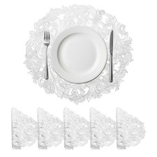 Sea Water Shaped Placemats Set of 6 Round Metallic Vinyl Pressed Placemat, White