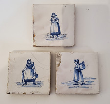 ANTIQUE DELFT POTTERY TILES X 3  - WOMEN IN TRADITIONAL DRESS -  3 inch sq.