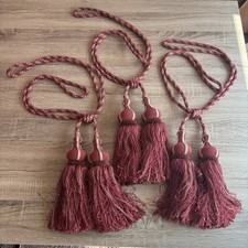 Vintage Large Country House Manor Curtain Double Rope Tie Backs Red & Beige X3