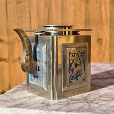 Chinese Antique Paktong Tea Wine Pot Cloisonne enamel Signed Calligraphy Qing