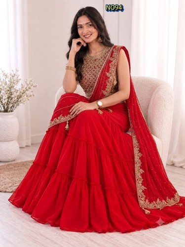 Red georgette sequins lehenga - sequins,