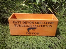 EAST DEVON SHELLFISH rustic wooden storage box with cut out handles . Fab gift.
