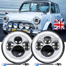 Pair 7" Round LED Headlights Hi/Lo Beam Halo Angle Fit Classic Rover Mini Austin