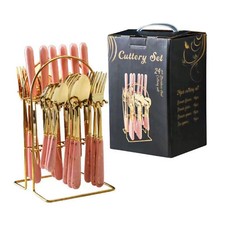 24PC CUTLERY DINNER SET STAINLESS STEEL METAL STAND RACK FORKS*TEA SPOONS~POLISH