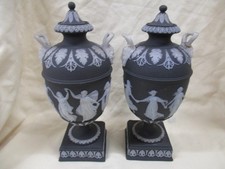 RARE Antique Pair Wedgewood Black Jasperware Lidded Urns with Dancing Hours