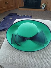 beautiful ladies wide brim turn up Jacques vert wedding hat green and navy vgc