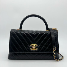 Chanel Medium Coco Handle Bag in Black Aged Chevron Calfskin Leather