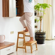 Wood Folding Step Stool Ladder Bamboo Rustic Plant Stand Footstool Multi-Purpose