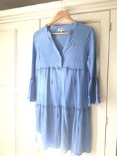 Pia Rossini blue crinkle cotton embroidered dress size 14  with tiers and frill.