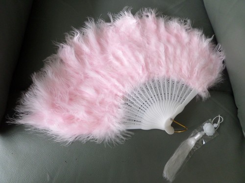 Pink feather folding fan - , 11"