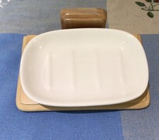 B&Q OSLO Classic Ceramic Soap Dish And Wooden Holder Traditional Style