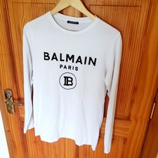 BALMAIN PARIS T-shirt Womens Long Sleeve Crew Neck Logo Cotton White Size L/12