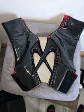 Pleaser Ballet Boots Black Patent w/ Red Lace Up Detail Platform Heels UK 6/7