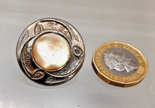 Vintage Art Nouveau Embossed Pewter? and Mother of Pearl Round Button - 27.2mm