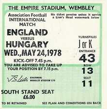 TICKET: ENGLAND v Hungary (Friendly) 1978 - EXCELLENT