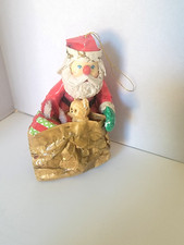 Vintage Paper Mache Santa Clause Holding Bag Of Presents & Toys Ornament 5"T