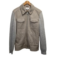 Reiss Mens Size S Goat Suede Leather Jagger Stone Zip Trucker Jacket Wool Sleeve