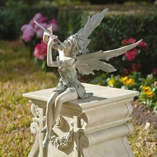 Flute Fairy Sitting Statue Resin Ornament Outdoor Garden Sculpture Home Decor uk