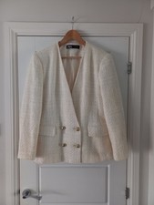 Zara Ivory Cream Double Breasted Boucle  Blazer Jacket Size XL 14 16 Uk