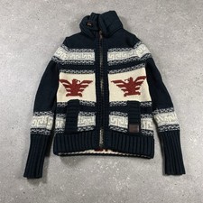 Superdry Cardigan Mens Small Blue Wool Blend Cowichan Navajo Aztec Chunky Knit