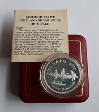 1976 TUVALU $5 SILVER PROOF QE2 2nd PORTRAIT & OUTRIGGER CANOE BOXED & C.O.A