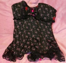 SOLEIL SUCRE LINGERIE BLACK & PINK GINGHAM ROSE LACE BASQUE - SIZE 34B