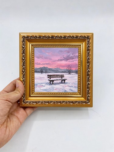 Snowy wooden bench dusk art - wooden,