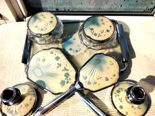 VINTAGE ART DECO GUILLOCHE CHROME DRESSING TABLE SET LACE TRAY & MIRROR & BRUSH